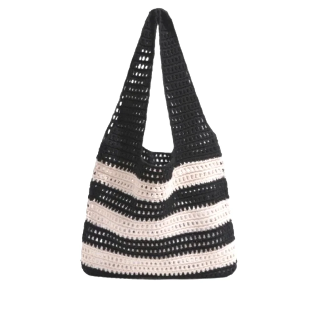 Hobo Black/Cream Stripe Crochet Knit Bohemian Tote Handbag,Large,NWOT